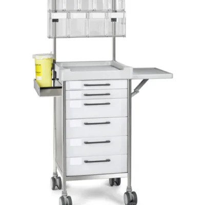 An image of a stainless steel slimline SQ Anaesthesia Trolley